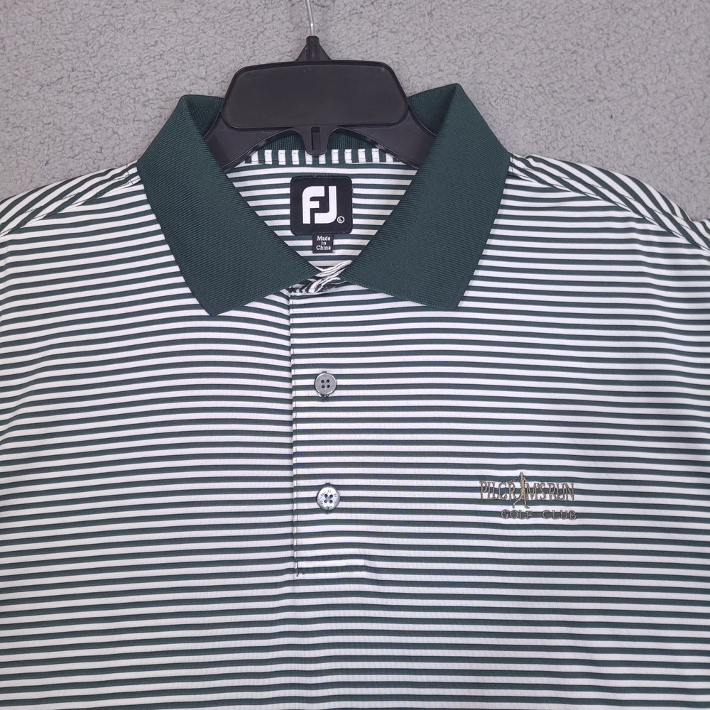 Footjoy‎ FJ Mens Large Golf Polo Shirt Striped Green White Pilgrim Run Golf Club